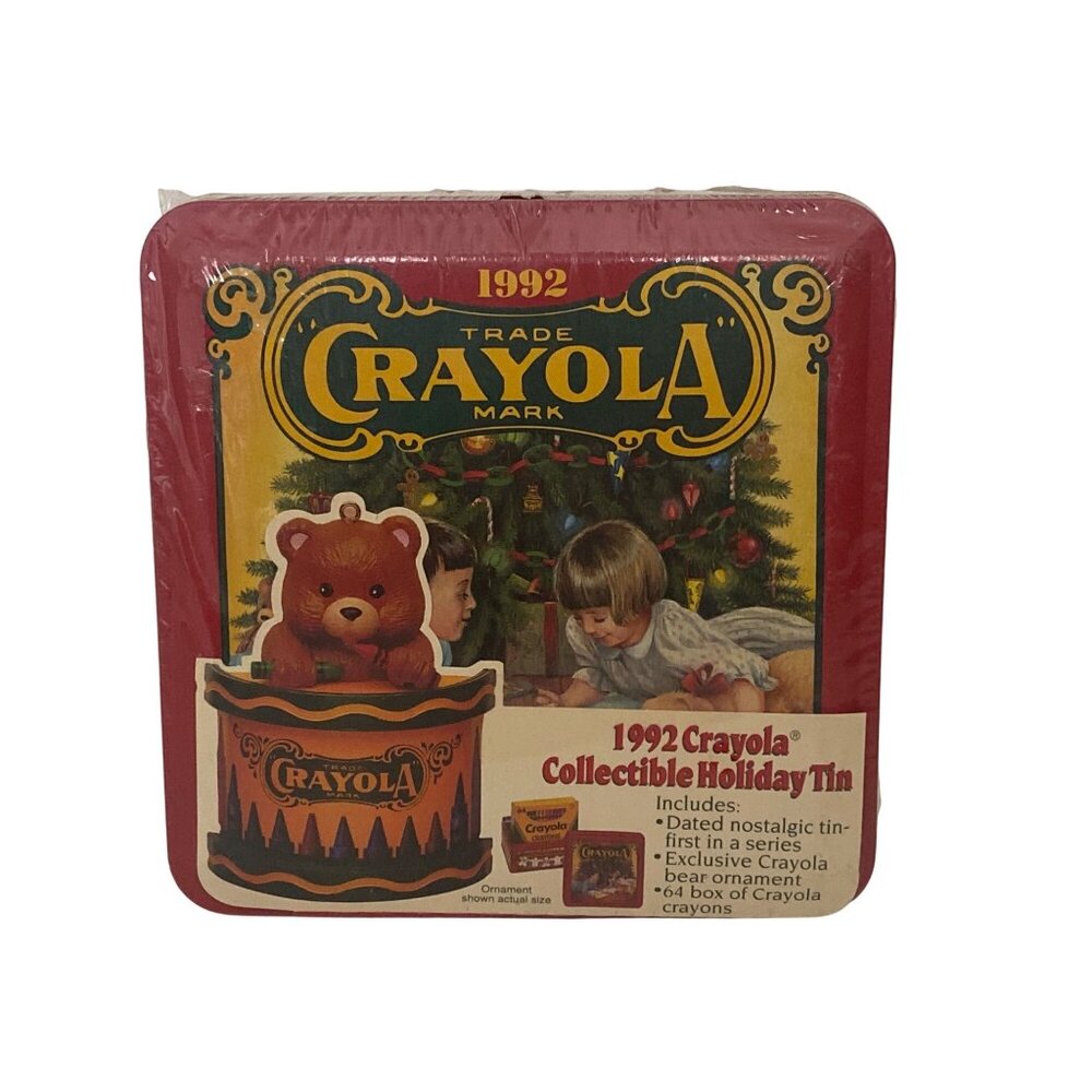 VTG 1992 Crayola Collectible Holiday Tin With Bear Ornament & 64 Crayon Box Date